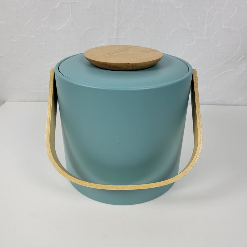 Vintage Georges Briard Ice Bucket with Handle Blue MCM Leatherette and Wood